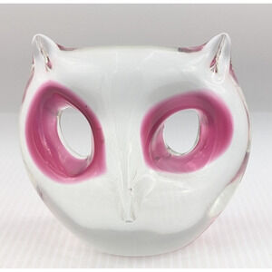 Bohemian Chribska Glass Owl Paperweight Decorative Clear Pink Czech Vintage
